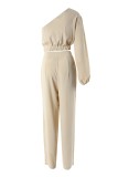 Apricot Casual Solid Patchwork Oblique Collar Long Sleeve Two Pieces