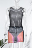Black Gray Sexy Street Print Patchwork O Neck Sleeveless Two Pieces