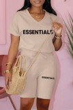 Apricot Casual Letter Print Basic O Neck Short Sleeve Two Pieces