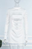 White Sexy Solid Hollowed Out O Neck Long Sleeve Dresses