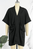 Black Casual Solid Patchwork Fold V Neck Dresses