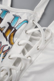 White Sexy Street Print Bandage Hollowed Out Patchwork Asymmetrical Spaghetti Strap Tops