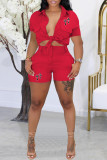 Red Casual Print Patchwork Turndown Collar Short Sleeve Two Pieces
