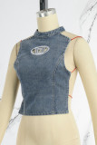 Blue Sexy Casual Street Geometric Backless Strap Design Halter High Waist Tops