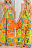Colour Sexy Casual Not Positioning Printed Bandage Backless O Neck Regular Jumpsuits