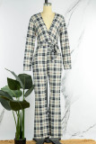 Khaki Casual Work Elegant Plaid Frenulum Printing V Neck Loose Jumpsuits(With Belt)