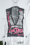Black Sexy Street Letter Metal Accessories Decoration V Neck Tops