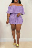 Purple Casual Solid Flounce Fold Off the Shoulder Loose Rompers