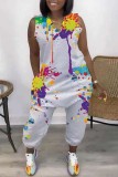 Grey Casual Print Basic V Neck Regular Jumpsuits