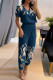 Tibetan Blue Casual Print Patchwork V Neck Short Sleeve Two Pieces