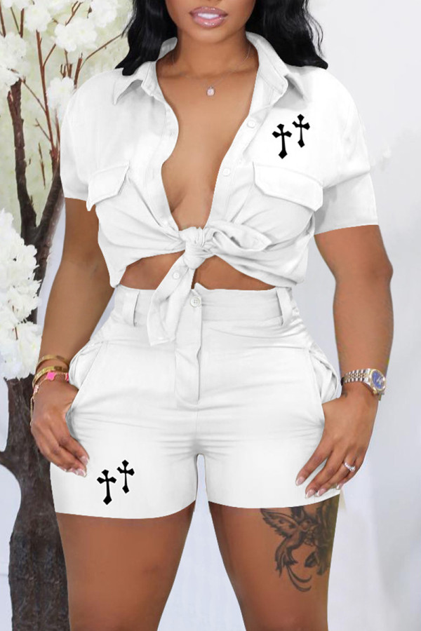 White Casual Print Patchwork Turndown Collar Short Sleeve Two Pieces