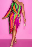 Colour Casual Print Patchwork Oblique Collar Irregular Dress Dresses