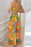 Colour Sexy Casual Not Positioning Printed Bandage Backless O Neck Regular Jumpsuits