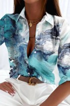 Cyan Casual Print Patchwork Shirt Collar Tops