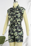 Camouflage Casual Street Camouflage Print Bandage Patchwork Buckle Turndown Collar Regular Rompers