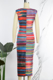 Colour Sexy Striped Print Hollowed Out Patchwork V Neck Pencil Skirt Dresses