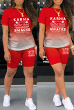 Red Casual Gradual Change Letter Print Basic O Neck Short Sleeve Two Pieces