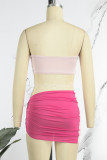 Pink Sexy Solid Patchwork Backless Contrast Strapless Sleeveless Two Pieces
