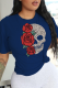 Navy Blue Casual Basis Print Skull Patchwork O Neck T-Shirts