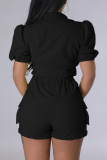 Red Sexy Solid Patchwork Turndown Collar Short Sleeve Two Pieces