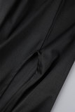 Black Casual Print Patchwork Backless Slit Oblique Collar Pencil Skirt Dresses