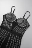 Black Sexy Patchwork Hot Drilling Backless Spaghetti Strap Wrapped Skirt Dresses