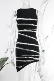Black Sexy Patchwork Asymmetrical O Neck Sleeveless Dress Dresses