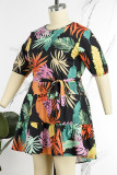 Yellow Casual Print Bandage Patchwork O Neck A Line Plus Size Dresses