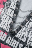 Black Sexy Street Letter Metal Accessories Decoration V Neck Tops