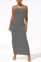Grey Sexy Solid Fold Strapless Pencil Skirt Dresses