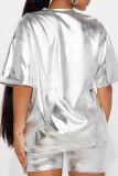 Silver Casual Solid Basic O Neck Short Sleeve Two Pieces