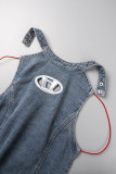 Blue Sexy Casual Street Geometric Backless Strap Design Halter High Waist Tops