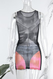 Black Gray Sexy Street Print Patchwork O Neck Sleeveless Two Pieces