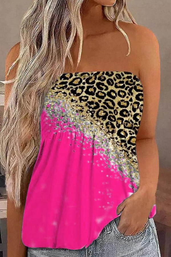 Rose Red Sexy Casual Print Backless Strapless Tops