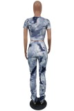 Grey Casual Print Tie-dye O Neck Short Sleeve Two Pieces