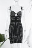 Black Sexy Patchwork Hot Drilling Backless Spaghetti Strap Wrapped Skirt Dresses