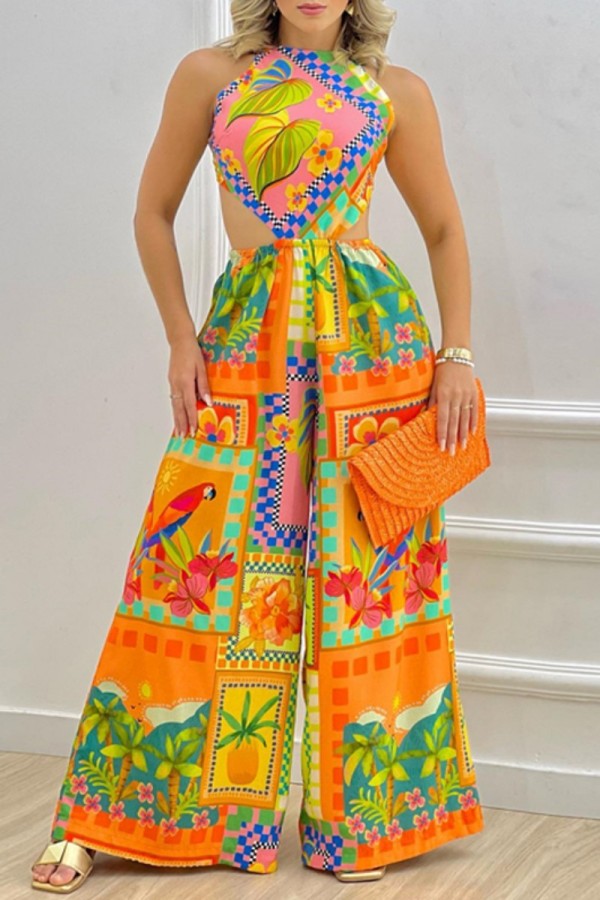 Colour Sexy Casual Not Positioning Printed Bandage Backless O Neck Regular Jumpsuits