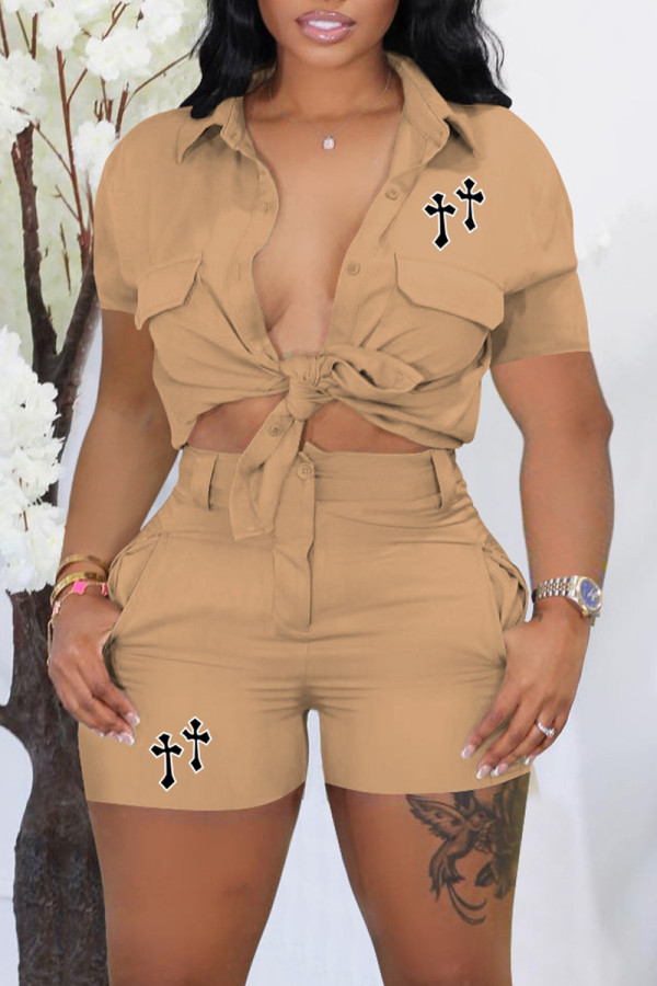 Khaki Casual Print Patchwork Turndown Collar Short Sleeve Two Pieces
