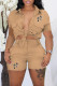 Khaki Casual Print Patchwork Turndown Collar Short Sleeve Two Pieces