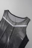 Black Gray Sexy Street Print Patchwork O Neck Sleeveless Two Pieces