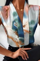 Multicolor Casual Print Patchwork V Neck Tops