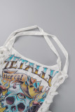 White Sexy Street Print Bandage Hollowed Out Patchwork Asymmetrical Spaghetti Strap Tops
