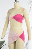 Pink Sexy Solid Patchwork Backless Contrast Strapless Sleeveless Two Pieces