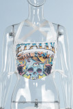 White Sexy Street Print Bandage Hollowed Out Patchwork Asymmetrical Spaghetti Strap Tops