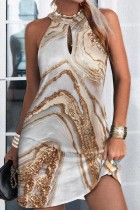 Coffee Casual Print Hollowed Out Backless Halter Sleeveless Dress Dresses