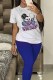 Blue Casual Print Letter O Neck Short Sleeve Two Pieces