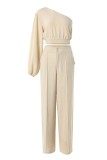 Apricot Casual Solid Patchwork Oblique Collar Long Sleeve Two Pieces