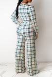 Khaki Casual Work Elegant Plaid Frenulum Printing V Neck Loose Jumpsuits(With Belt)