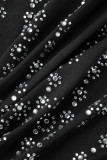 Black Sexy Patchwork Hot Drilling Backless Spaghetti Strap Wrapped Skirt Dresses
