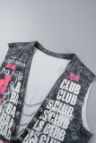 Black Sexy Street Letter Metal Accessories Decoration V Neck Tops